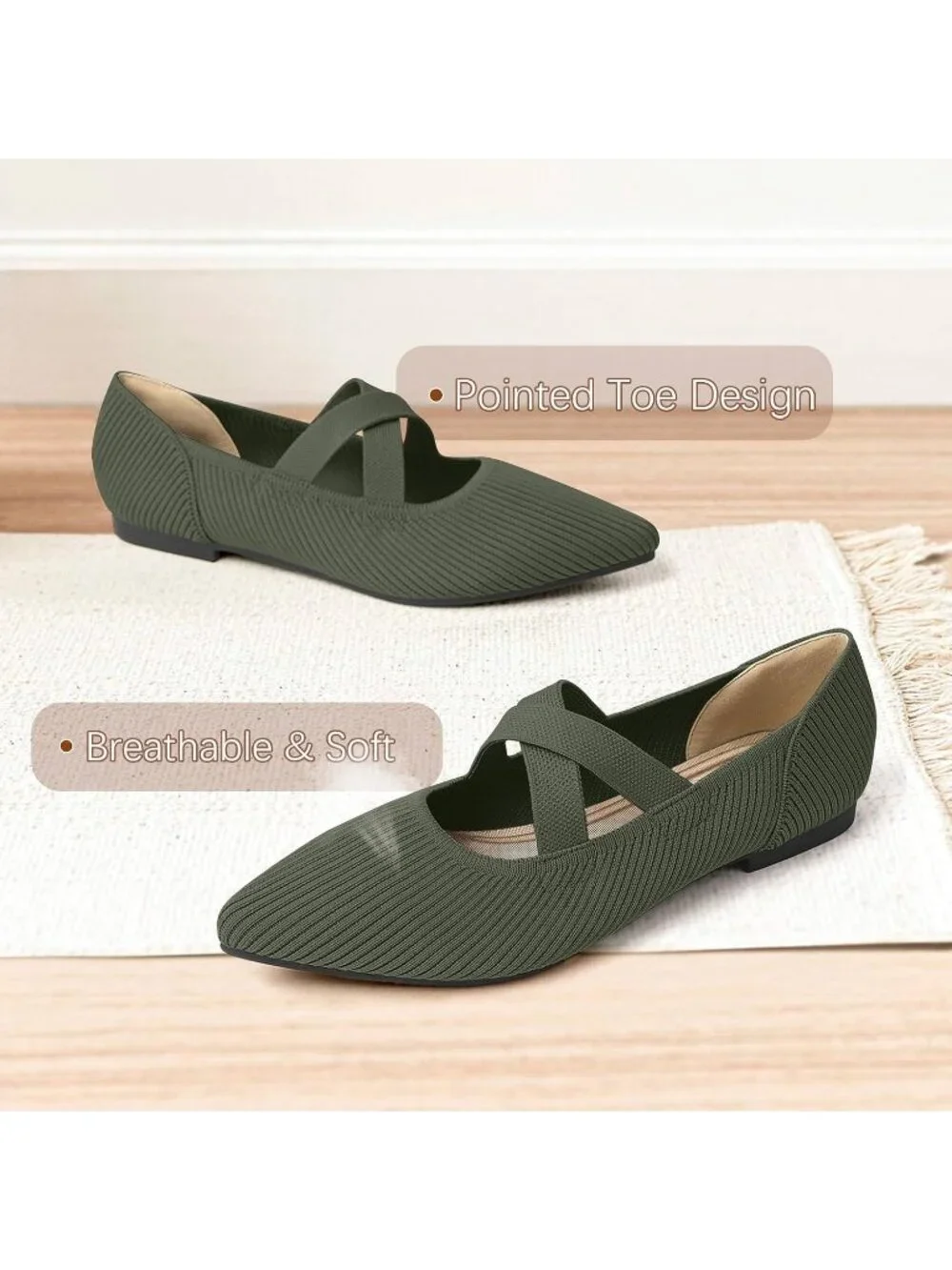 Women's Green Knit Mary Jane Flats Pointed Toe Comfortable Slip On Dressy Shoes